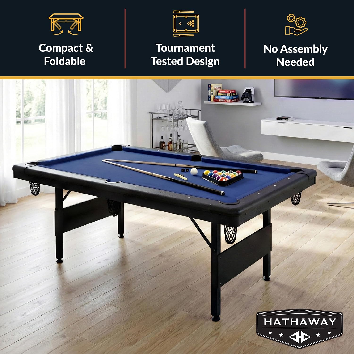 Hathaway Fairmont Folding Pool Table for Family & Home Use Includes Full Set of Billiard Balls, Cues, Chalk, Triangle and Carrying Bag, Portable Space-Saving Table