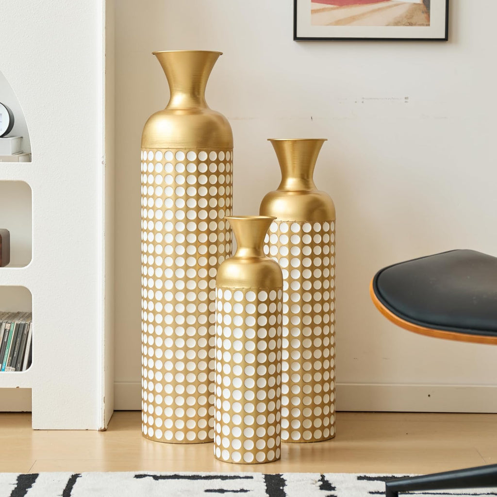 Floor Metal Decorated Vases Set of 3 for Gorgeous Home Decoration Large Glazed Metal Vases (Antique Brass+White + Metal)