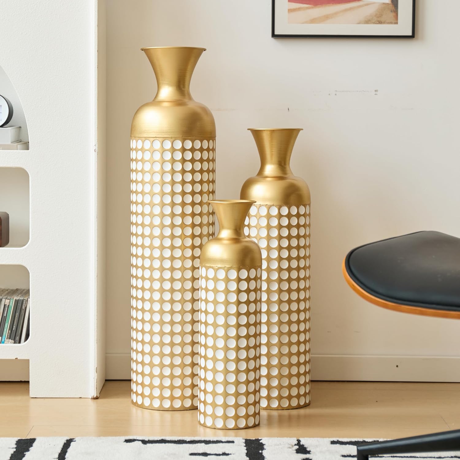 Floor Metal Decorated Vases Set of 3 for Gorgeous Home Decoration Large Glazed Metal Vases (Antique Brass+White + Metal)