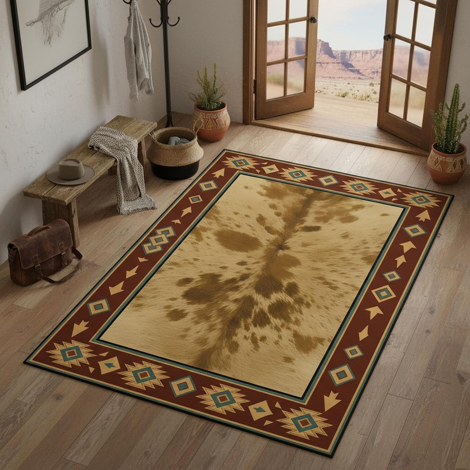 Western Cowhide Area Rug 5'x8' Southwestern Aztec Rustic Ranch Carpet, Faux Hide Print, Non Slip Washable Low Pile Rug for Living Room Bedroom Farmhouse Cabin Decor