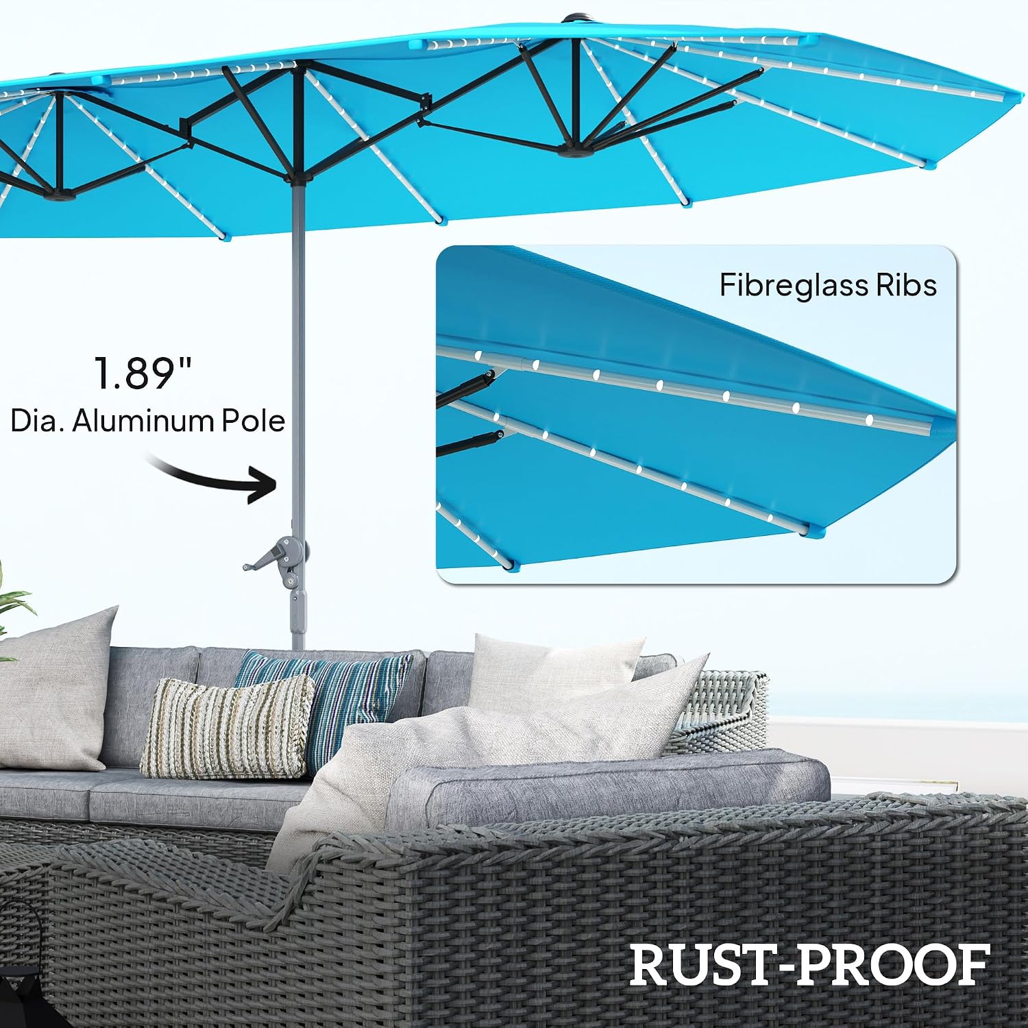 Outsunny 15ft Extra Large Patio Umbrella with Bright Solar Lights, Aluminum UPF50+ Double-Sided Outdoor Table Market Umbrella with Fiberglass Ribs Crank Air Vents for Backyard Deck Pool