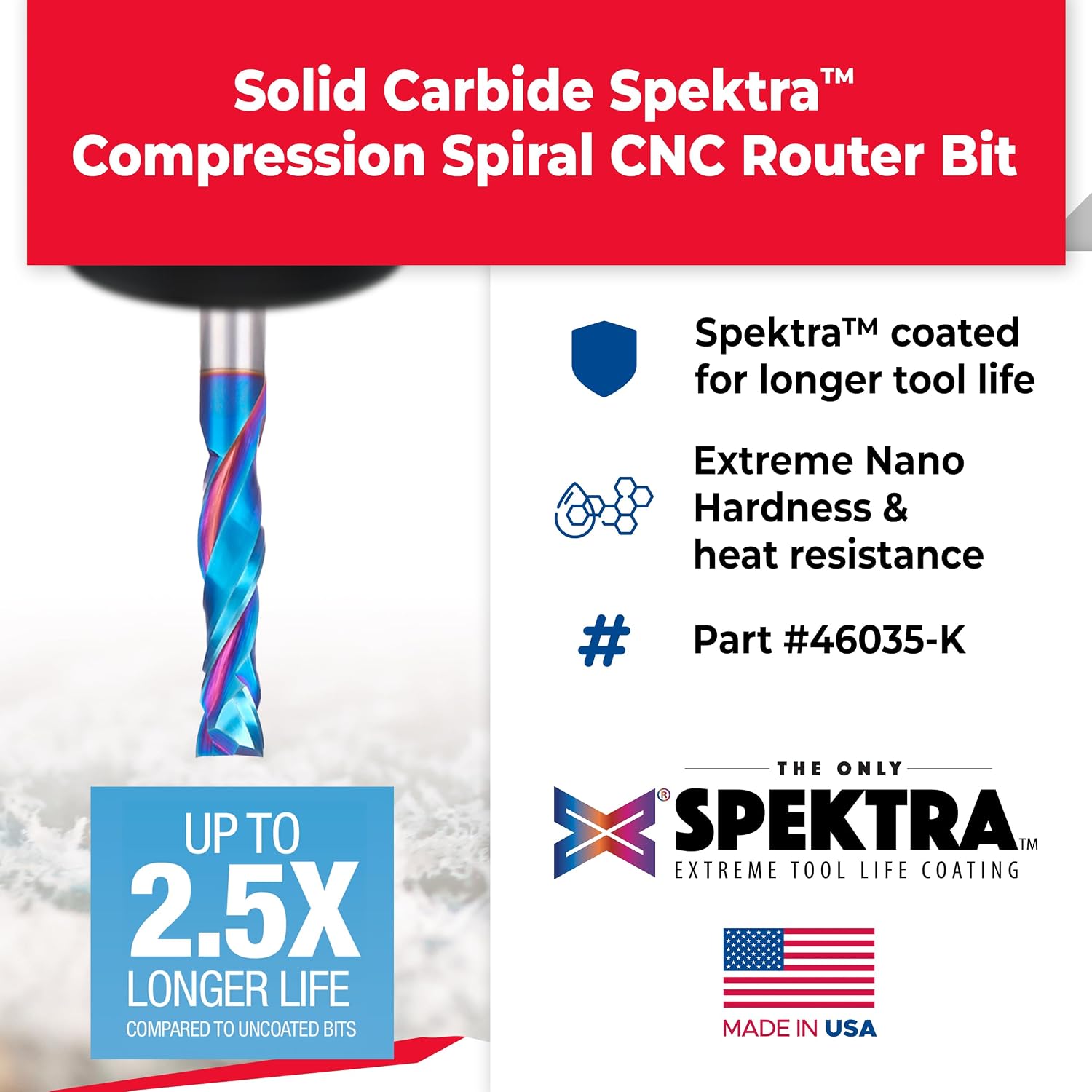 Amana Tool Spektra Extreme Tool Life Solid Carbide CNC Compression Spiral Router Bit, 46035-K, 1/2 D x 2-1/8 CH x 1/2 Shank x 3 Inch Long 2 Flute
