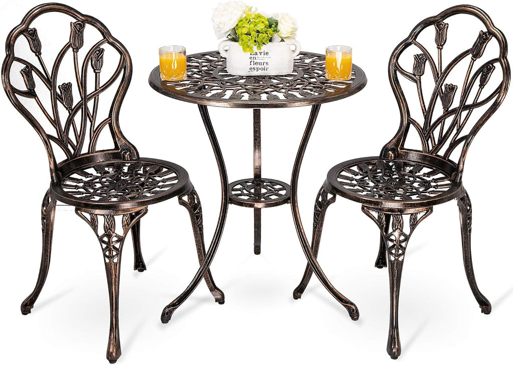 HOMEFUN Bistro Table and Chairs Set of 2 Outdoor 3 Piece Patio Set Tulip Pattern Cast Aluminum Bistro for Garden Balcony, Durable Rust All-Weather Resistance (Bronze)