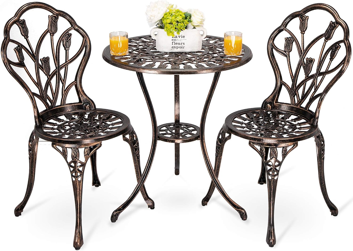 HOMEFUN Bistro Table and Chairs Set of 2 Outdoor 3 Piece Patio Set Tulip Pattern Cast Aluminum Bistro for Garden Balcony, Durable Rust All-Weather Resistance (Bronze)