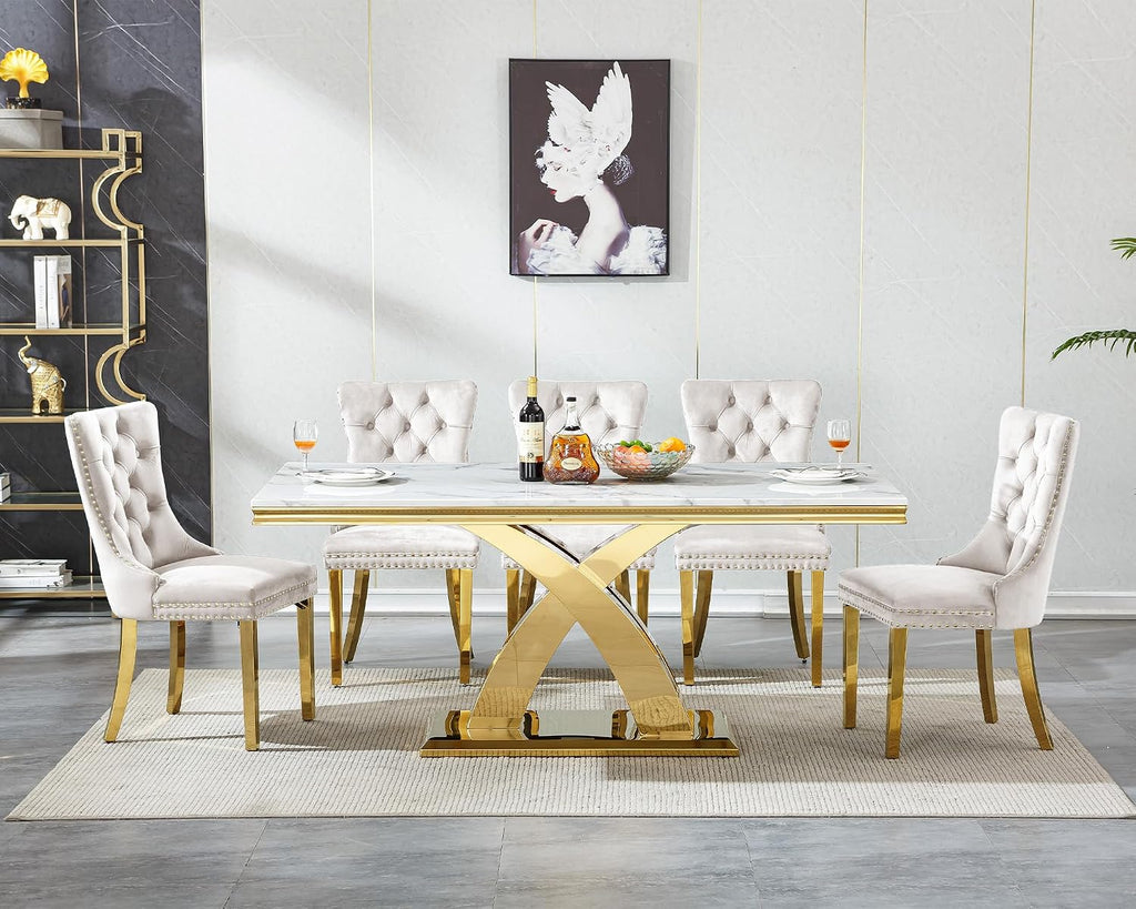 68' Luxury Rectangular Marble Dining Table for 4 to 6, White Faux Marble Kitchen Table with Gold X Shape Stainless Steel Pedestal, Modern Kitchen Dining Room Table for Breakfast Dinette Dinner Party