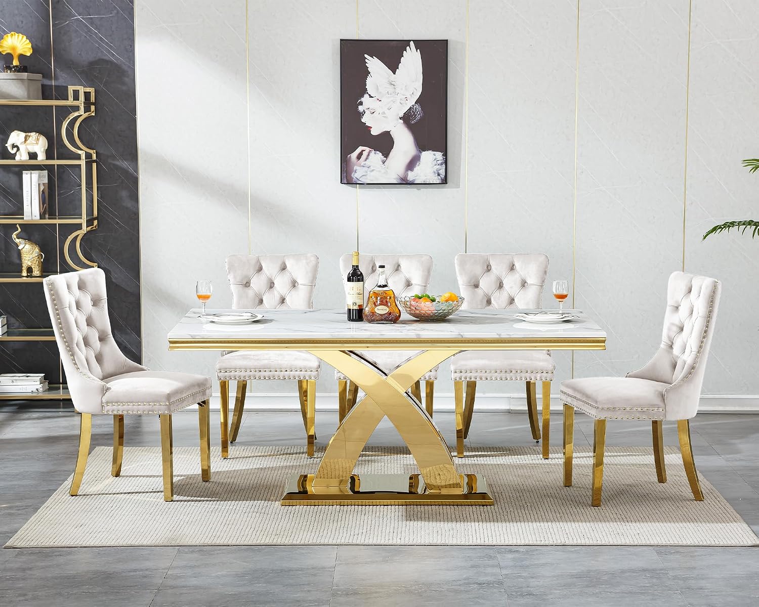 68' Luxury Rectangular Marble Dining Table for 4 to 6, White Faux Marble Kitchen Table with Gold X Shape Stainless Steel Pedestal, Modern Kitchen Dining Room Table for Breakfast Dinette Dinner Party