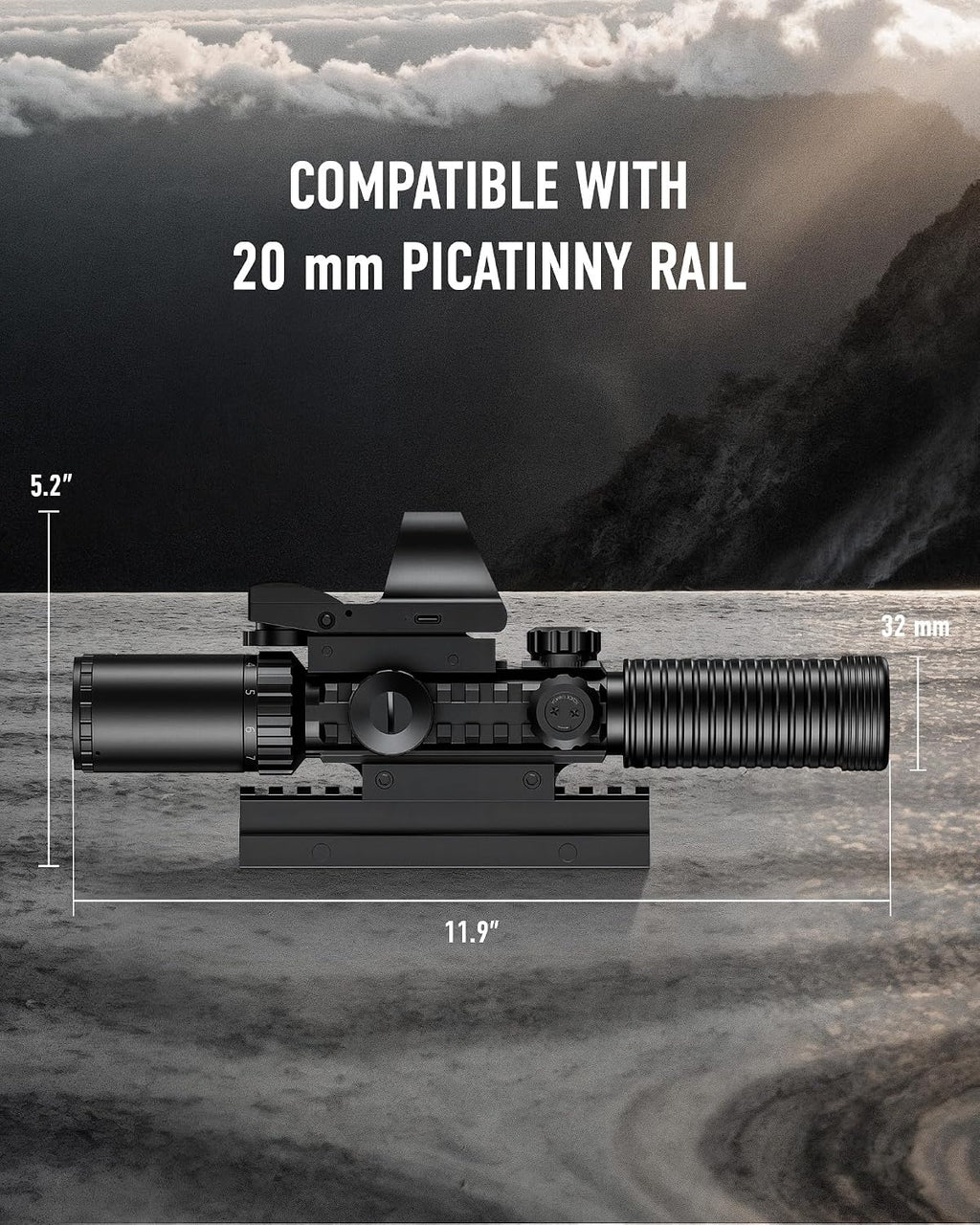 PINTY Tactical Rifle Scope Combo: Illuminated Optics, Red Dot Sight, Laser, RGB Rangefinder Riflescope for 20mm Picatinny Rail