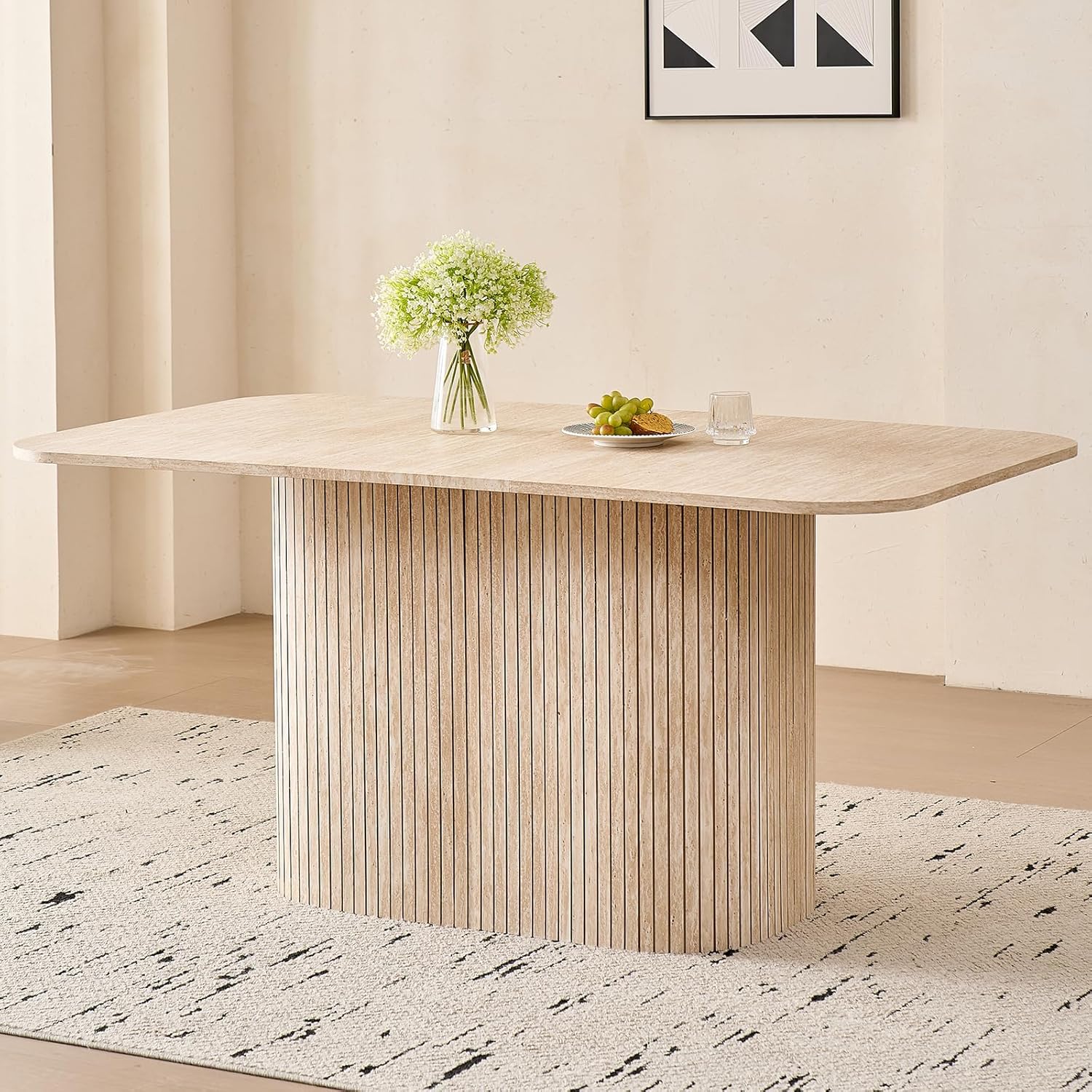 Large 63' Large Dining Table for 4 6, [Rounded Corners] [Grooved Pedestal Base] Modern Rectangle Kitchen Dinner Dining Living Room Table
