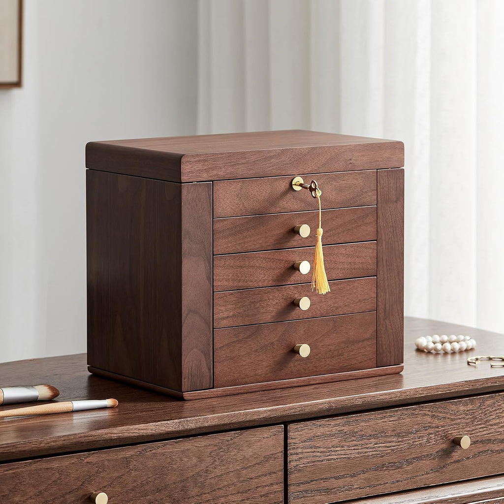 Black Walnut Wooden Jewelry Box Wood Jewelry Organizer with 2 Side Doors Mirror Lockable Classical Style for Watch Necklace Ring Earring Storage, Ideal Gift-5 Layer