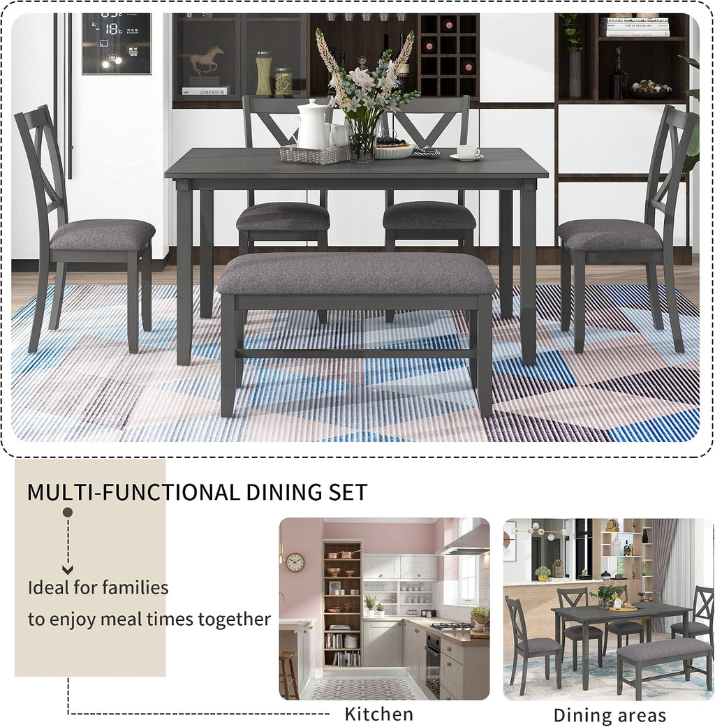 Harper & Bright Designs 6-Piece Dining Table Set, Dining Room Table Set with Wooden Rectangular Dining Table, 4 Dining Chair and Bench, Kitchen Dinette Set for 6 People (Grey)