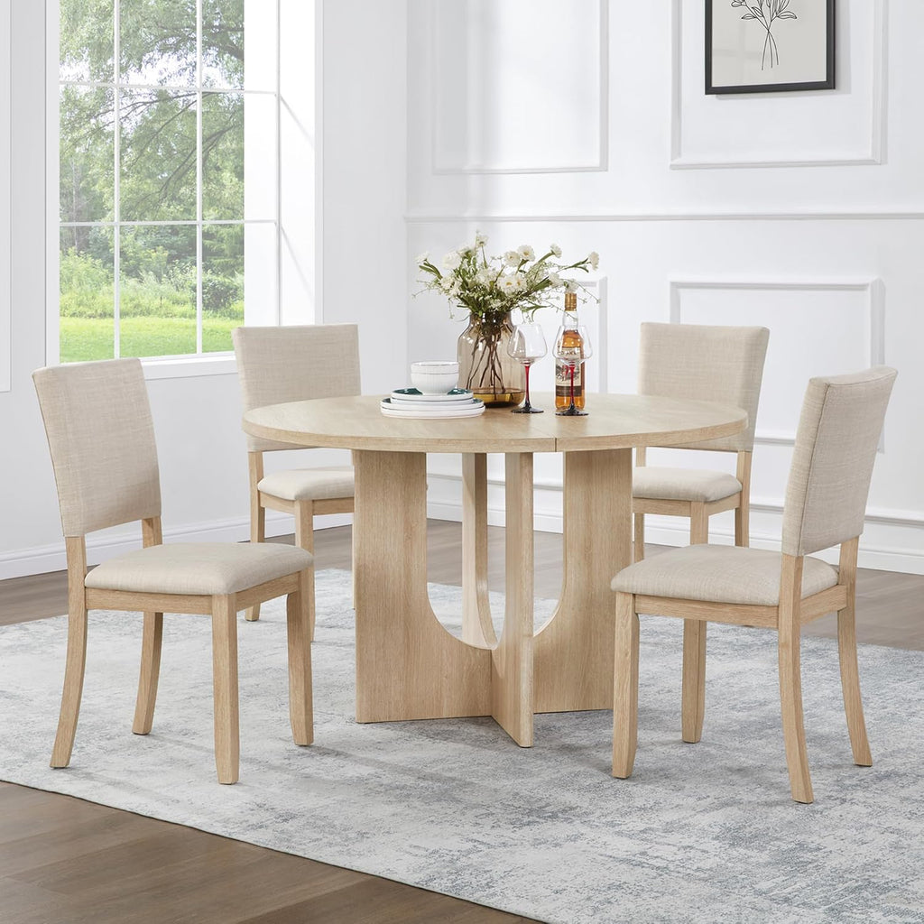 KEIKI 5-Piece Standard Height Dining Table Set with Round Table and 4 Upholstered Curved Backrset Chair, for 4 Person, Modern Style Wooden Table Set, Easy Assembly, for Kitchen, Dining Room, Beige