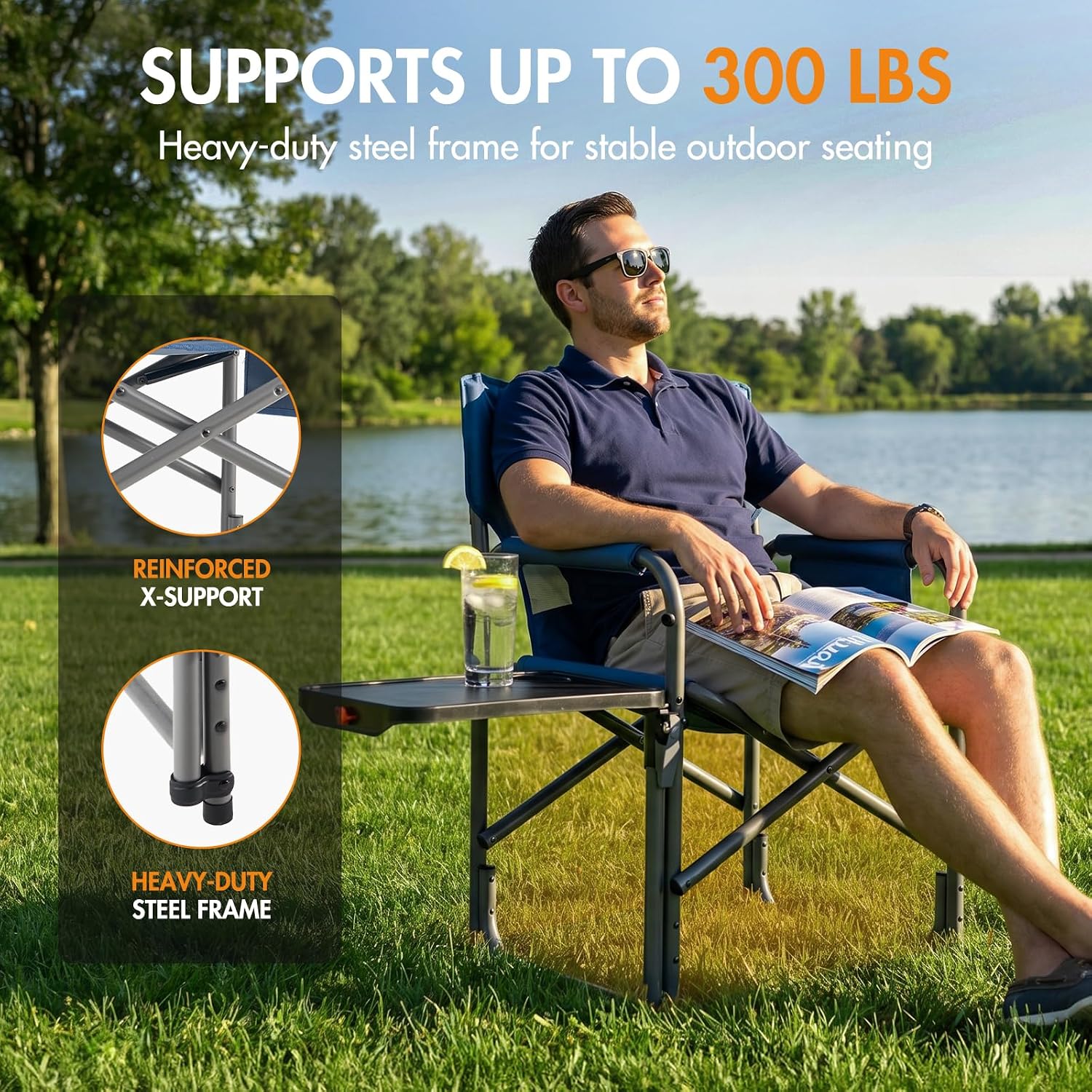 Portal Folding Director Chair with 2-Way Rotating Side Table, Heavy Duty 300 lb Camping Chair with Swivel Tray & Cup Holder, Ergonomic Mesh Back Portable Outdoor Seat for RV, Tailgating & Lawn, Blue