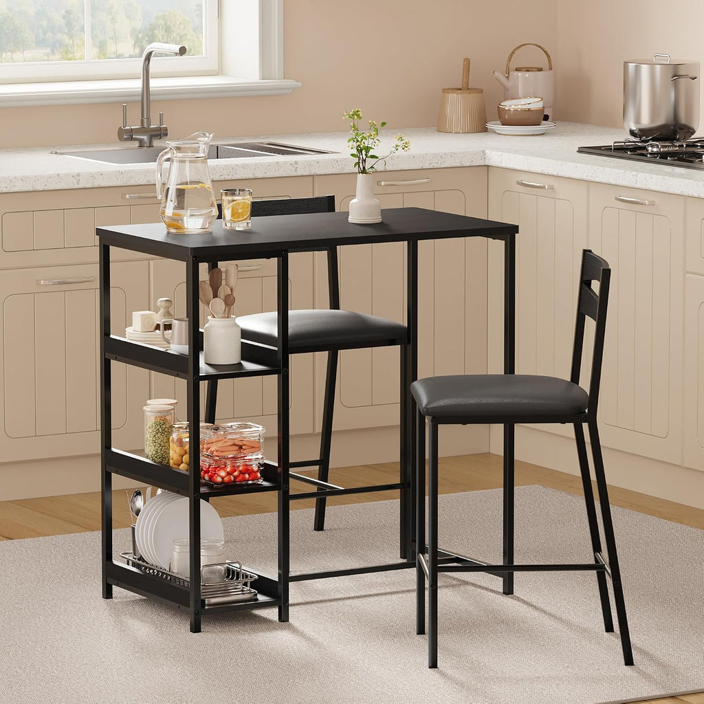 GarveeHome 3-Piece Kitchen Table Set with Storage Shelves & 2 Upholstered Chairs - Iron and Wood Dining Table for Small Spaces, Apartments, Condos, Black