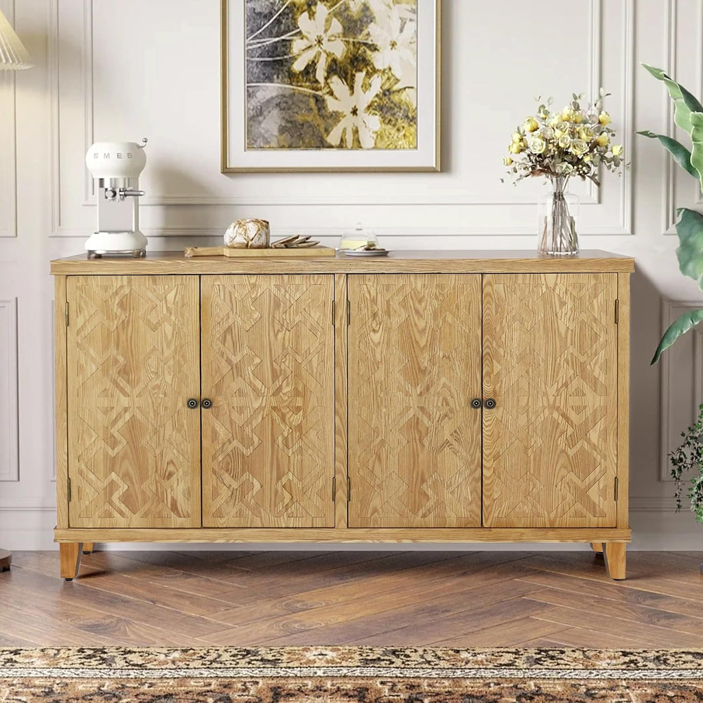 LKTART 59' Sideboard Buffet Cabinet with 4 Carved Doors,Farmhouse Accent Credenza Storage,Media Console Cabinet, for Entryway, Living&Dining Room