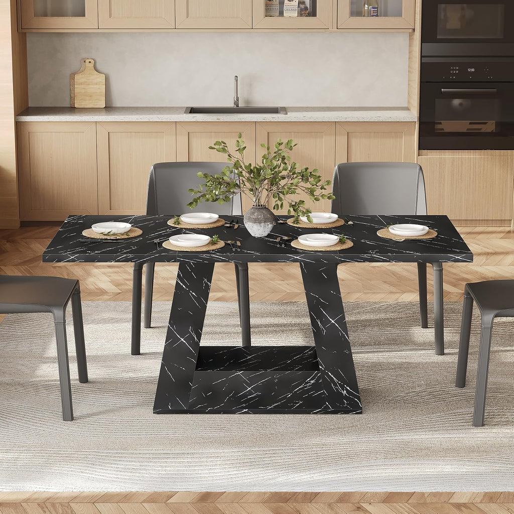 LITTLE TREE Dining Table for 4-6 People, 63 Inches Dining Room Table with Wooden Triangle Pedestal Base, Black Faux Marble Rectangle Dinner Kitchen Table for Dining Room, Kitchen, Living Room
