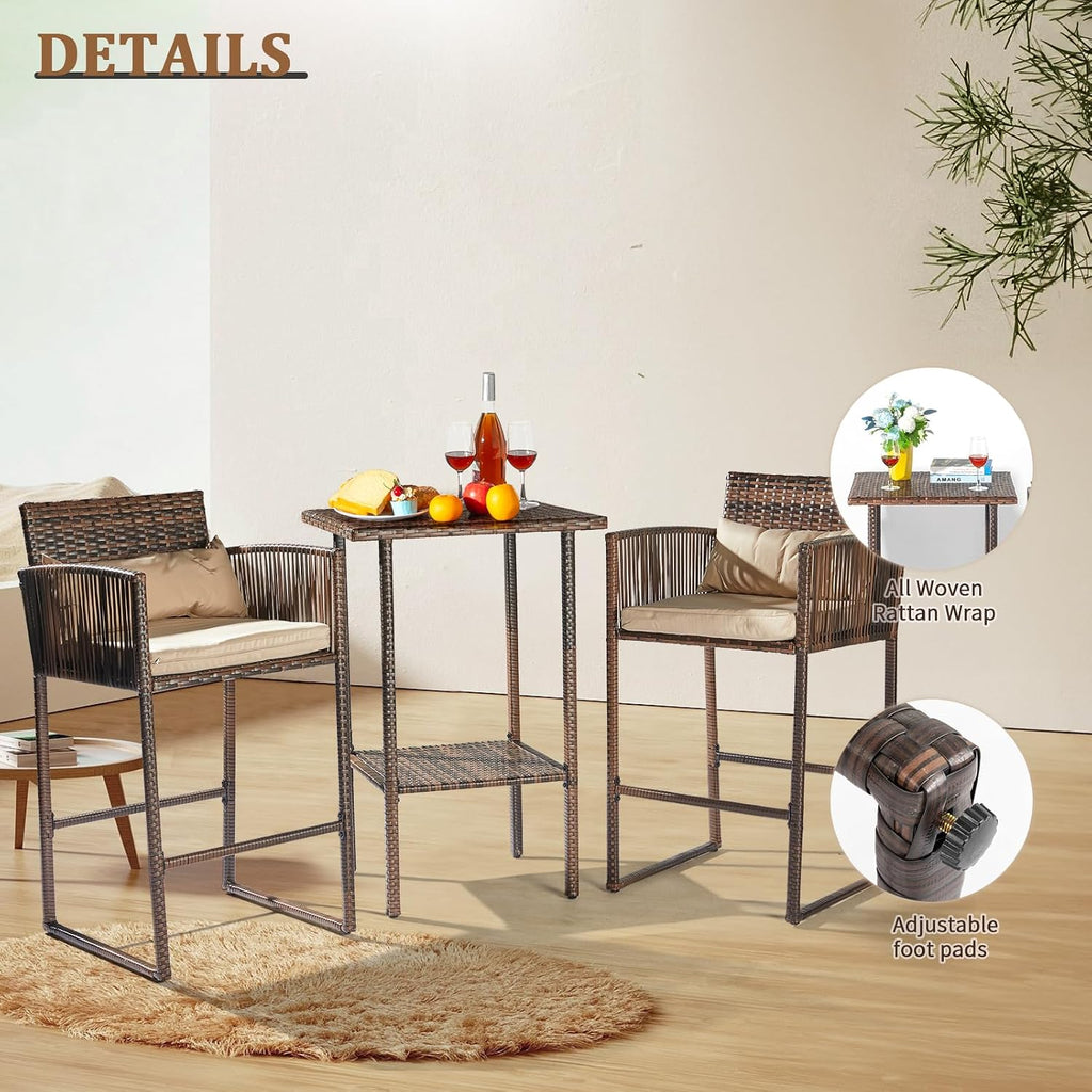 VINGLI 3 PCS Patio Bar Set Wicker, Outdoor Bar Table and Bar Stools with Storage Shelf and Cushions, Bar Height Outdoor Table and Chairs Wicker Furniture