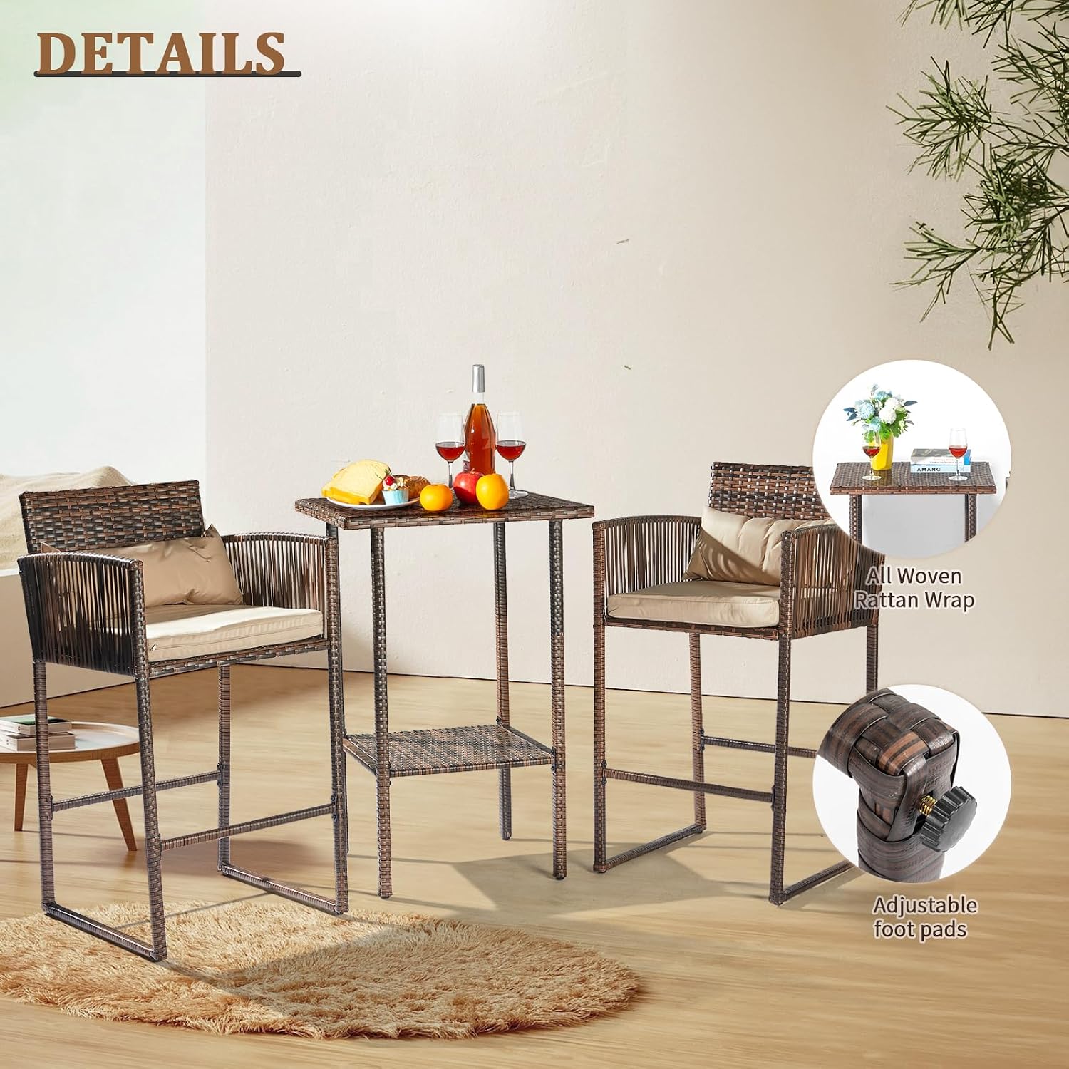 VINGLI 3 PCS Patio Bar Set Wicker, Outdoor Bar Table and Bar Stools with Storage Shelf and Cushions, Bar Height Outdoor Table and Chairs Wicker Furniture