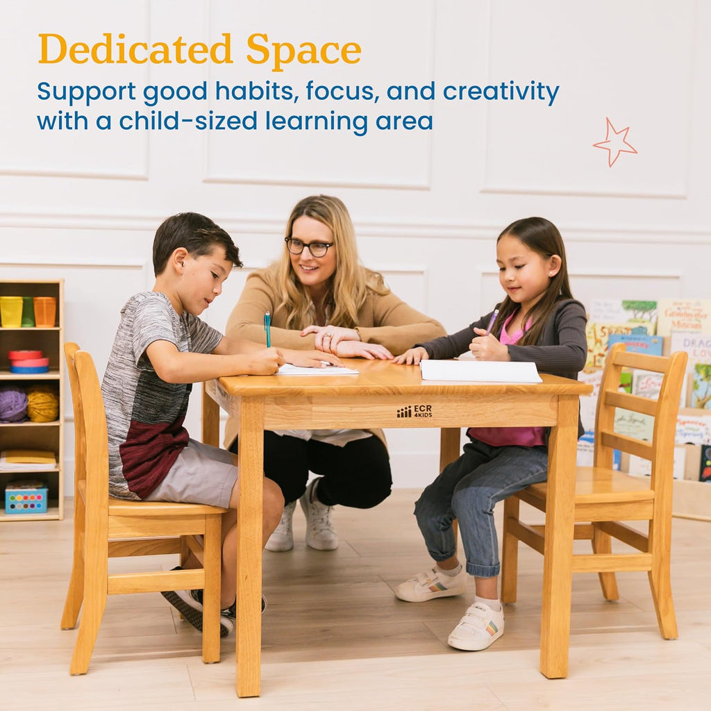 ECR4Kids 30in D Square Hardwood Table with 24in Legs and Two 14in Chairs, Kids Furniture, Honey, 3-Piece