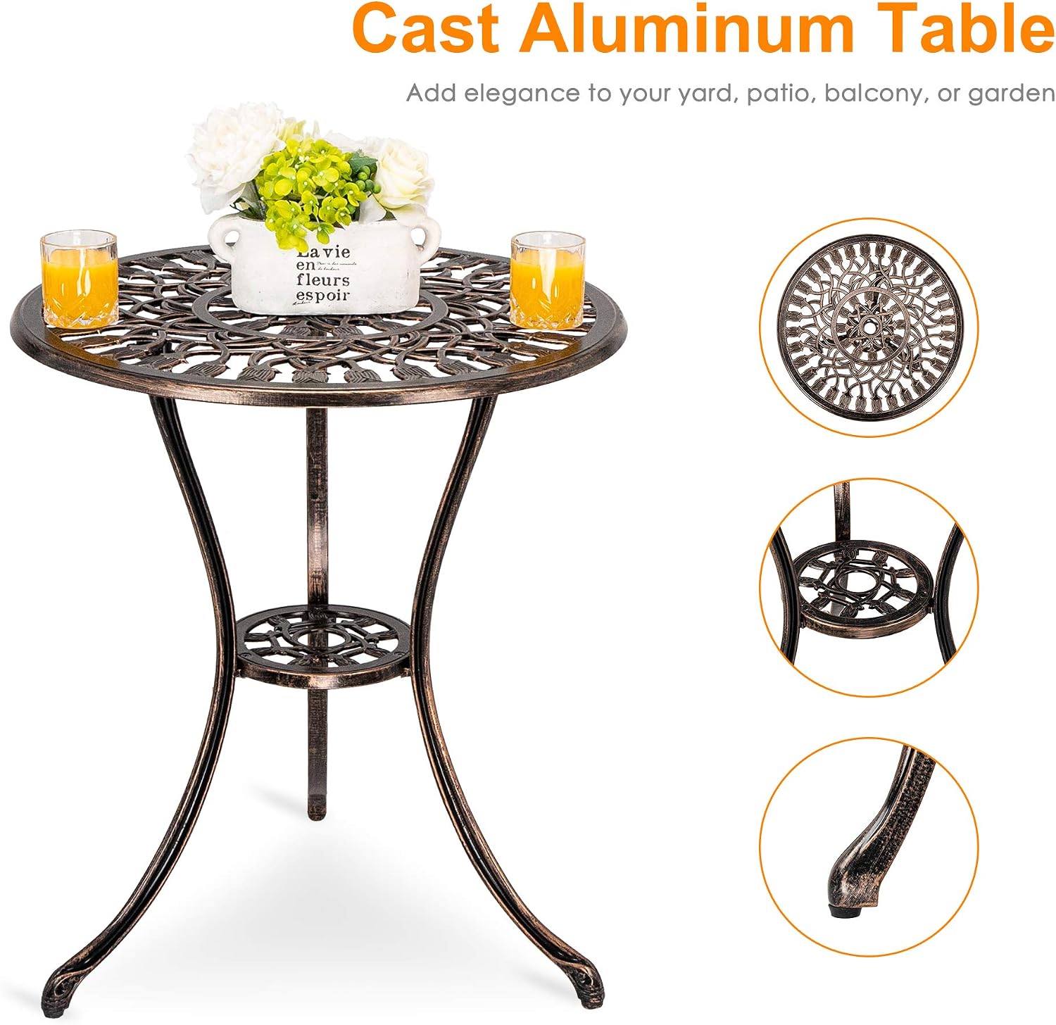 HOMEFUN Bistro Table and Chairs Set of 2 Outdoor 3 Piece Patio Set Tulip Pattern Cast Aluminum Bistro for Garden Balcony, Durable Rust All-Weather Resistance (Bronze)