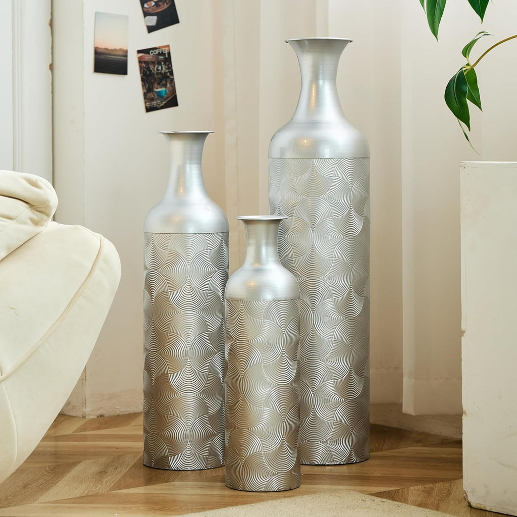 Floor Metal Decorated Vases Set of 3 for Gorgeous Home Decoration Large Glazed Metal Vases (Silver)