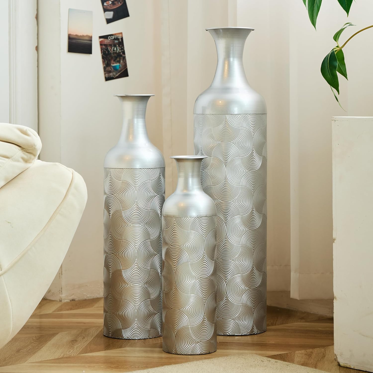 Floor Metal Decorated Vases Set of 3 for Gorgeous Home Decoration Large Glazed Metal Vases (Silver)
