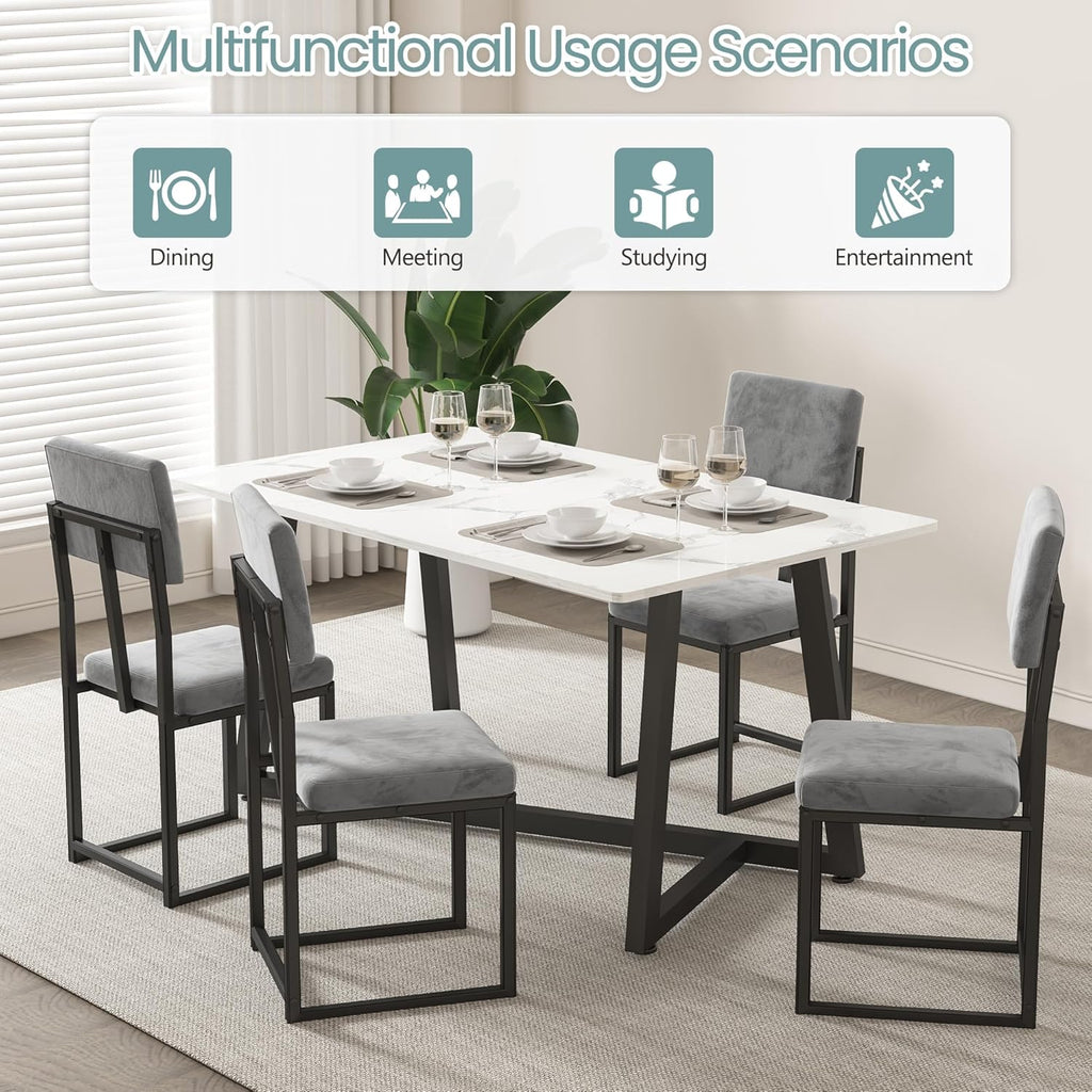 HUGROVE 5 Piece Dining Set, 47.24'' Faux Marble Dining Table Set for 4, Modern Minimalist Kitchen & Dining Room Set with Upholstered Chairs for Small Spaces, Apartments (Charcoal Velvet)