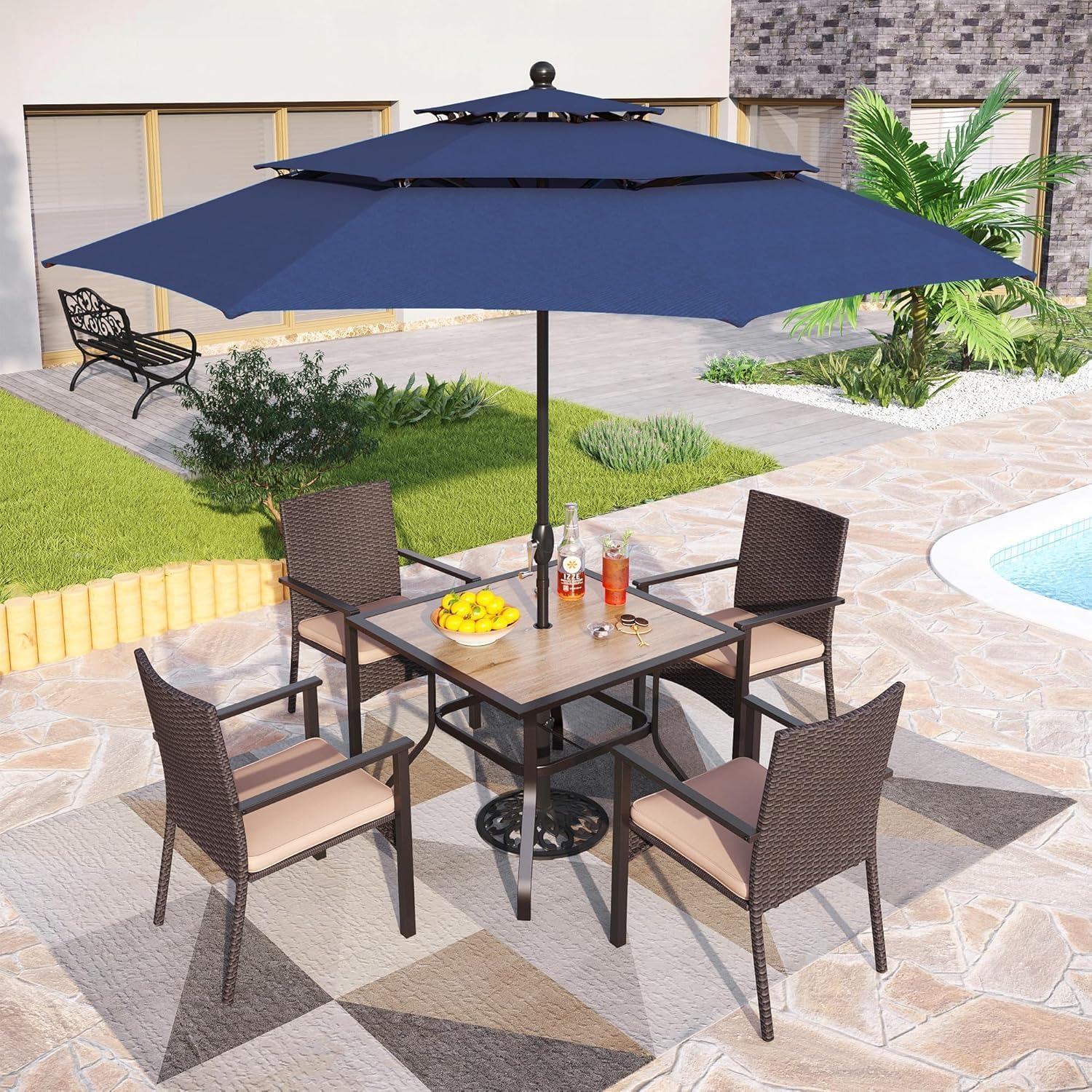 PHI VILLA 37' x 37' Patio Dining Table Outdoor Dining Furniture Umbrella Table with 1.57' Umbrella Hole, Steel Frame with Premium PVC Table Top for Patio, Lawn Garden
