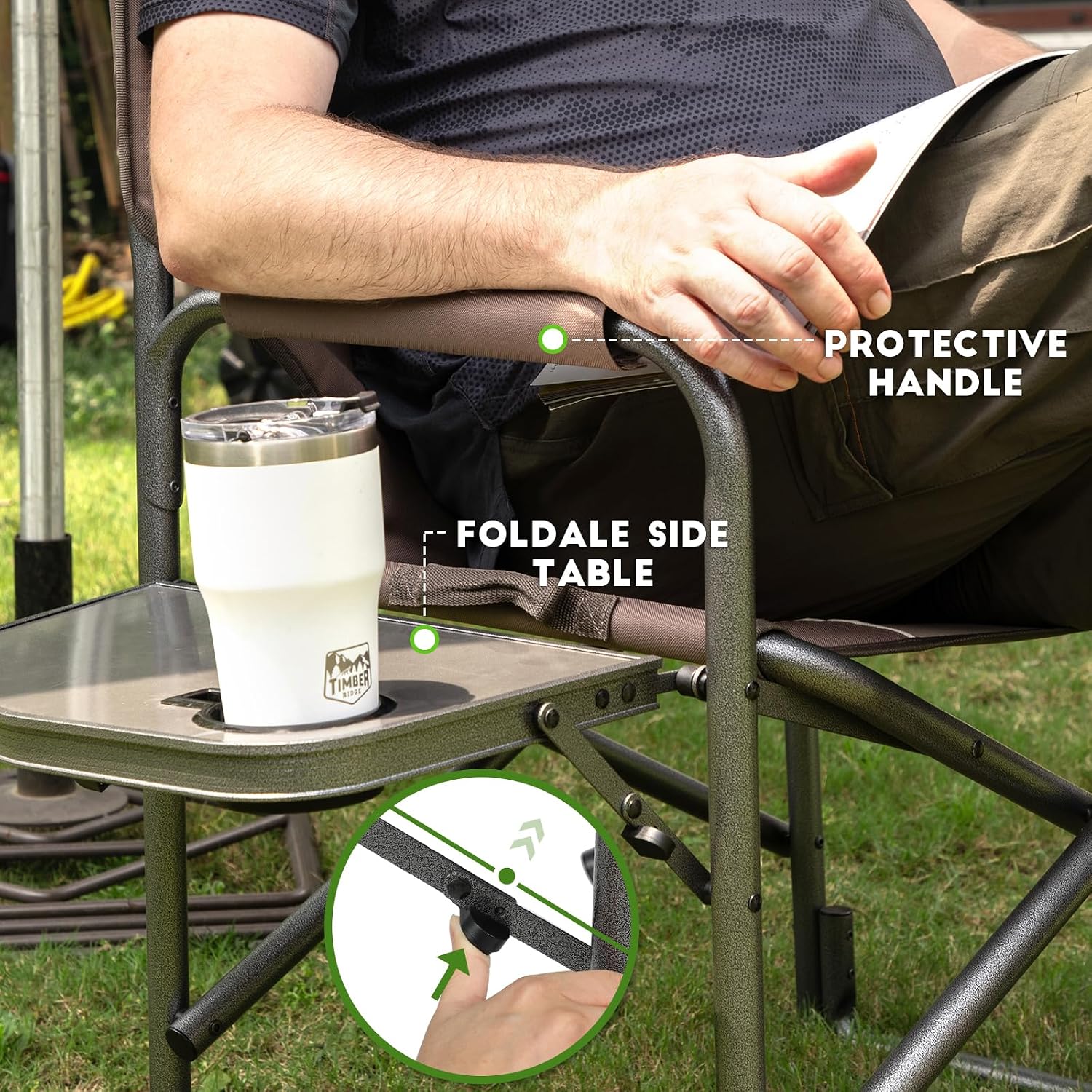 TIMBER RIDGE Aluminum Oversized Camping Chair, Lightweight Portable Directors Chair with Side Table Detachable Side Pocket for Outdoor Camping, Lawn, Picnic, Support 400lbs Tan 2 Pack