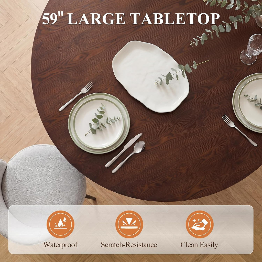 BESTANO 59' Round Dining Table for 4-6 People, Kitchen Dining Room Table with Wooden Pedestal Base, Circle Dinner Pedestal Dining Table for Dining Room (Table Only), Walnut