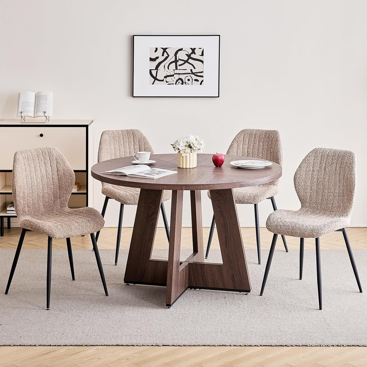 47' Round Dining Table Set for 4 with Chairs Kitchen Table and Chairs Set Mid-Century Modern Chair with Metal Leg for Apartment Living Room(Walnut Table with 4 Brown Chairs)