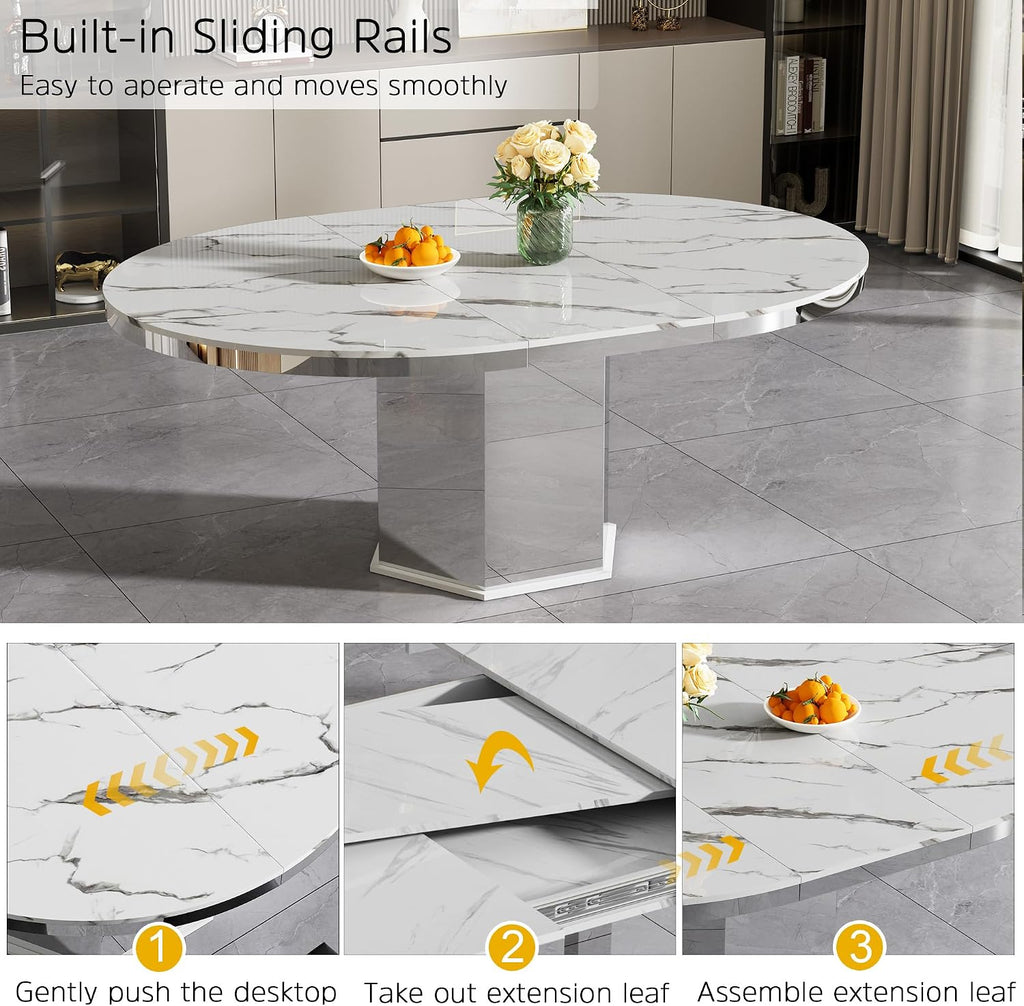 47'-63' Round Extendable Dining Table for 4-6, Modern Expandable Kitchen Table with White Faux Marble Top & Silver Mirrored Hexagon Base, Luxury Faux Marble Dining Room Table for Family Gathering
