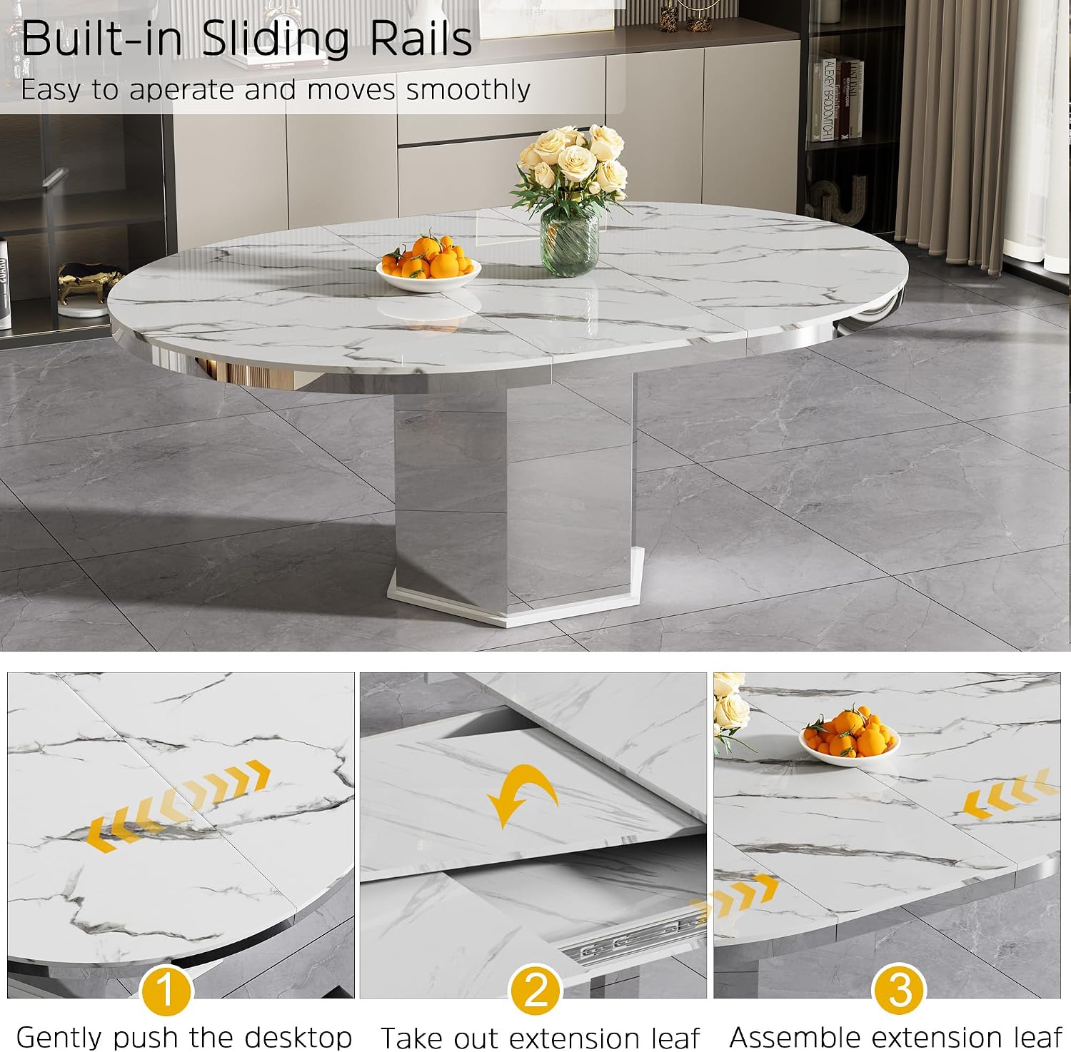 47'-63' Round Extendable Dining Table for 4-6, Modern Expandable Kitchen Table with White Faux Marble Top & Silver Mirrored Hexagon Base, Luxury Faux Marble Dining Room Table for Family Gathering