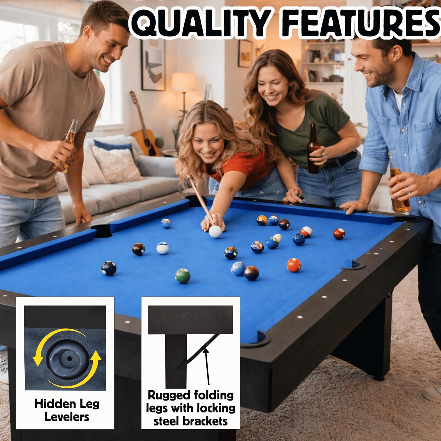 Freetime Fun 6 FT Pool Table, No Assembly, Portable, Includes Billiard Tables Accessories- 2 Pool Cues, Set of Balls, Triangle, Pool Table Brush, Chalk