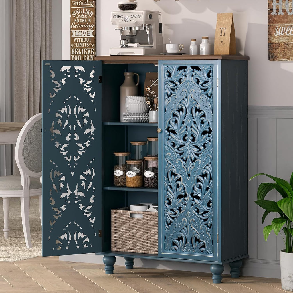JOINICE 47' Tall Accent Cabinet with Doors and Shelves, Storage Cabinet with Solid Wood Legs for Living Room,Entryway,Dining Room,Bedroom(Blue & Walnut)
