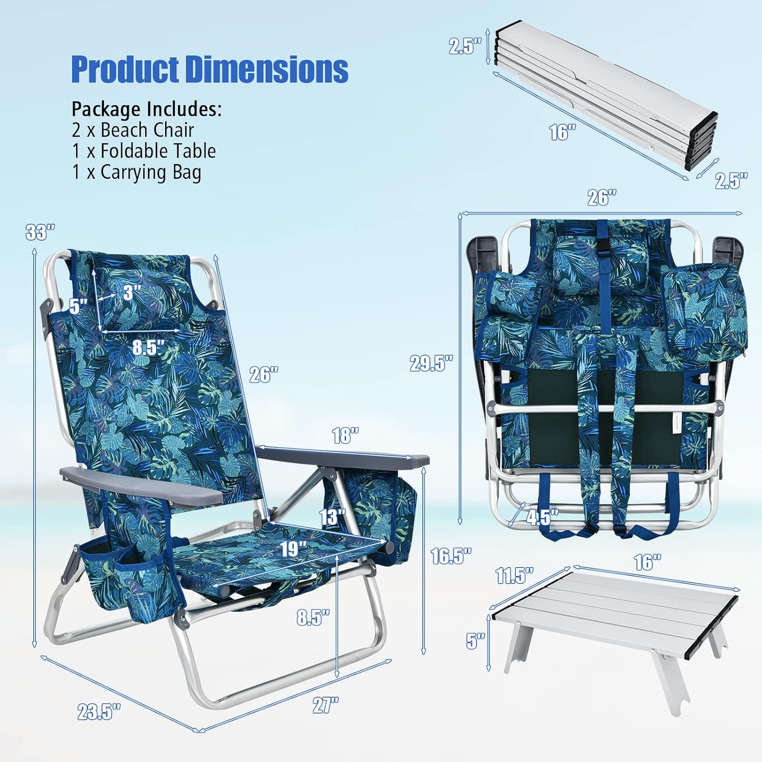 Tangkula Backpack Beach Chair with Table, 5-Position Lay Flat Lightweight Low Folding Beach Chairs with Cooler Bag, 2 Cup Holders, Towel Bar, Backpack Straps