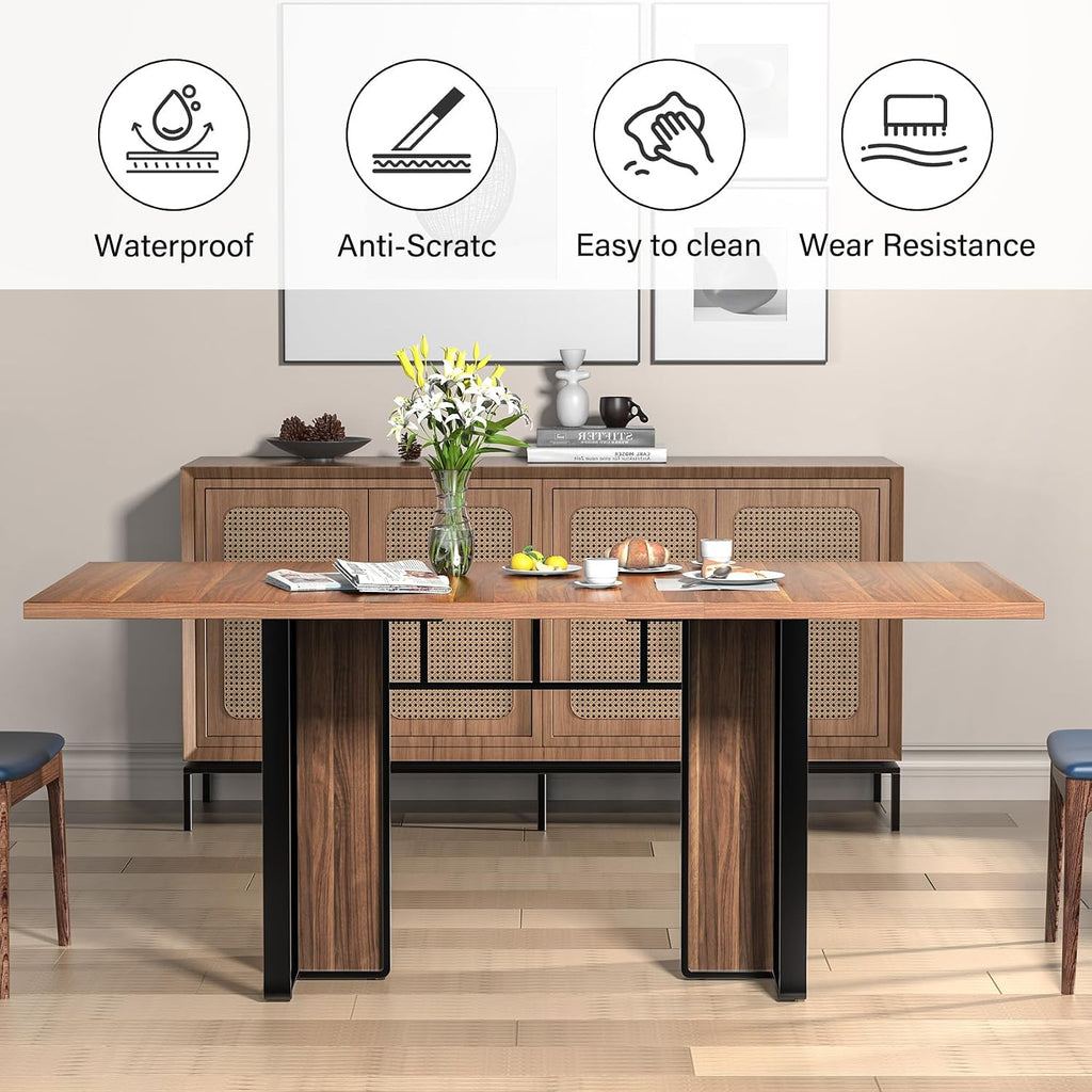 Bigbiglife 71 inch Dining Table for 6-8, Farmhouse Kitchen Table with Large Tabletop, Rectangular Dinner Eating Table W/Thickness Waterproof Wood Tabletop & Foot Pad, for Kitchen, Dining Room, Brown