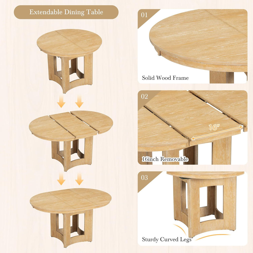 LUMISOL Extendable Round Dining Table for 4-6, Farmhouse Kitchen Table with 16inch Removable Leaf for Small Places for Kitchen, Dining Room, Living Room, Natural