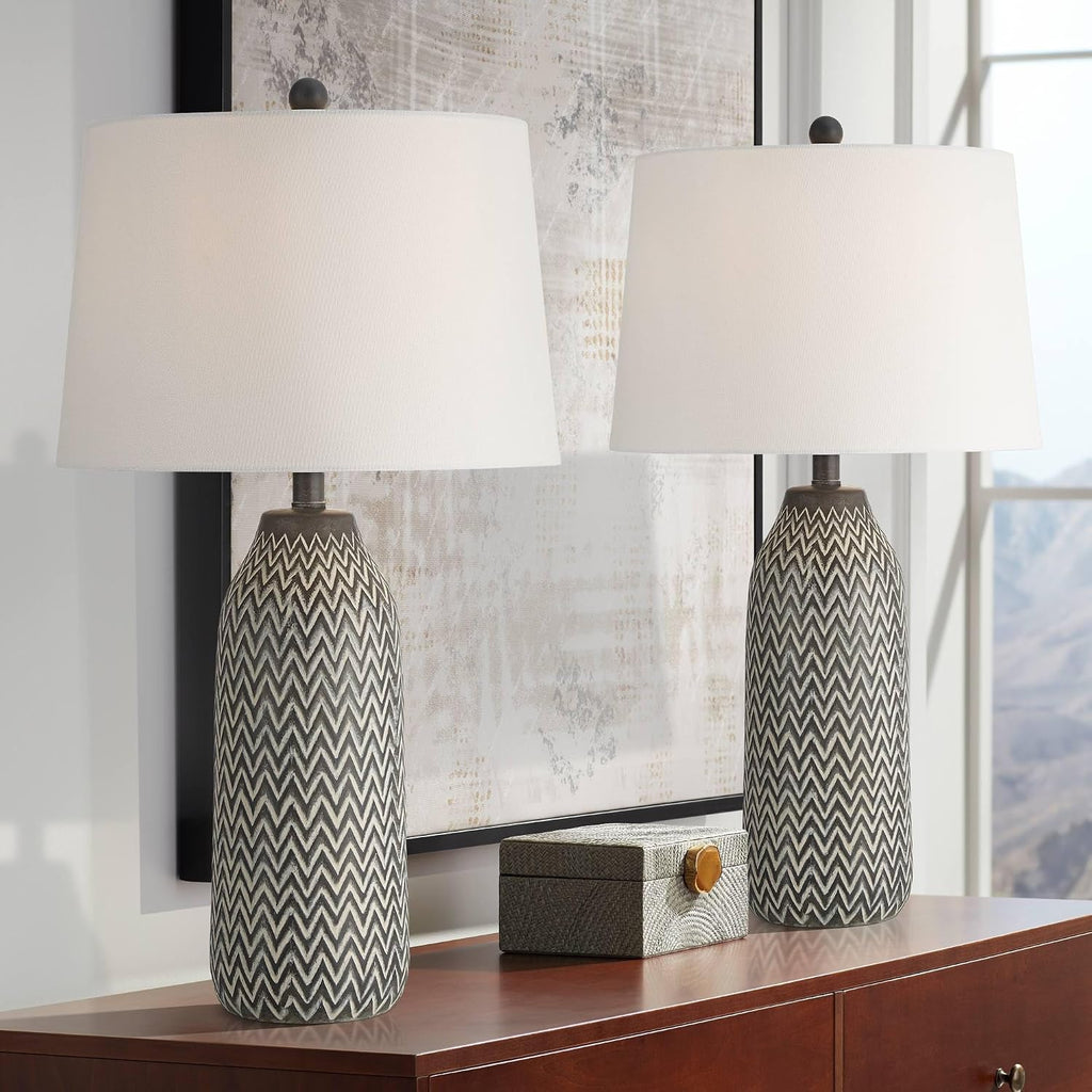 360 Lighting Arizona 27 1/2' Tall Modern Southwestern 3-Way Table Lamps Set of 2 Zig-Zag Black Beige Finish Fabric White Shade Living Room Bedroom Bedside Nightstand House Office Home Reading