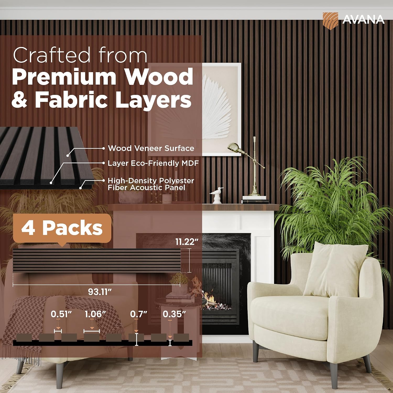 Avana Acoustic Wood Wall Panels – 93.2x11.25 Inch Panels – Fits 94x12 Layout – Dark Walnut Acoustic Panels 4 PCs – Wall Panels For Interior Wall Decor for Homes, Offices – Durable Wood Panels For Wall