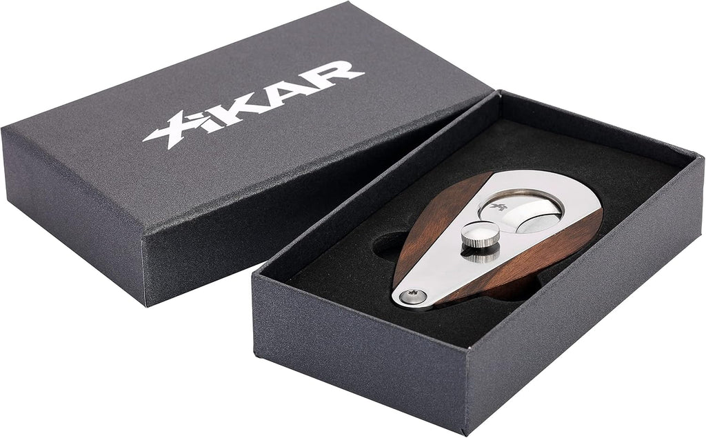 Xikar Xi3 Cigar Cutter, 54 Ring Gauge, Unique Teardrop Shape, 440 Stainless Steel With An HRC of 57, Black Macassar Ebony