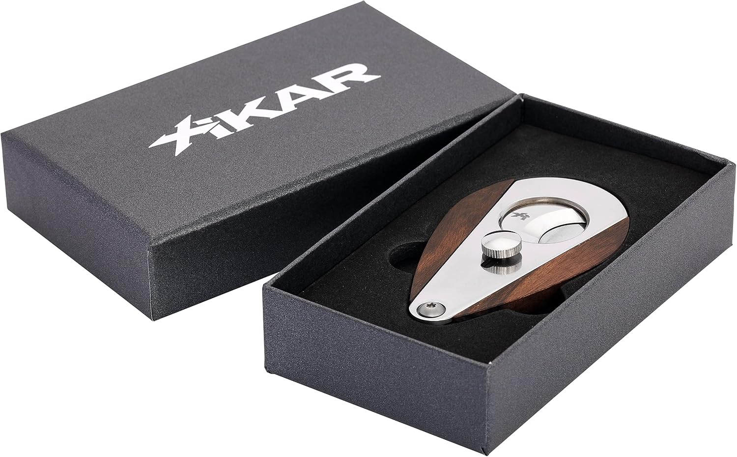 Xikar Xi3 Cigar Cutter, 54 Ring Gauge, Unique Teardrop Shape, 440 Stainless Steel With An HRC of 57, Black Macassar Ebony