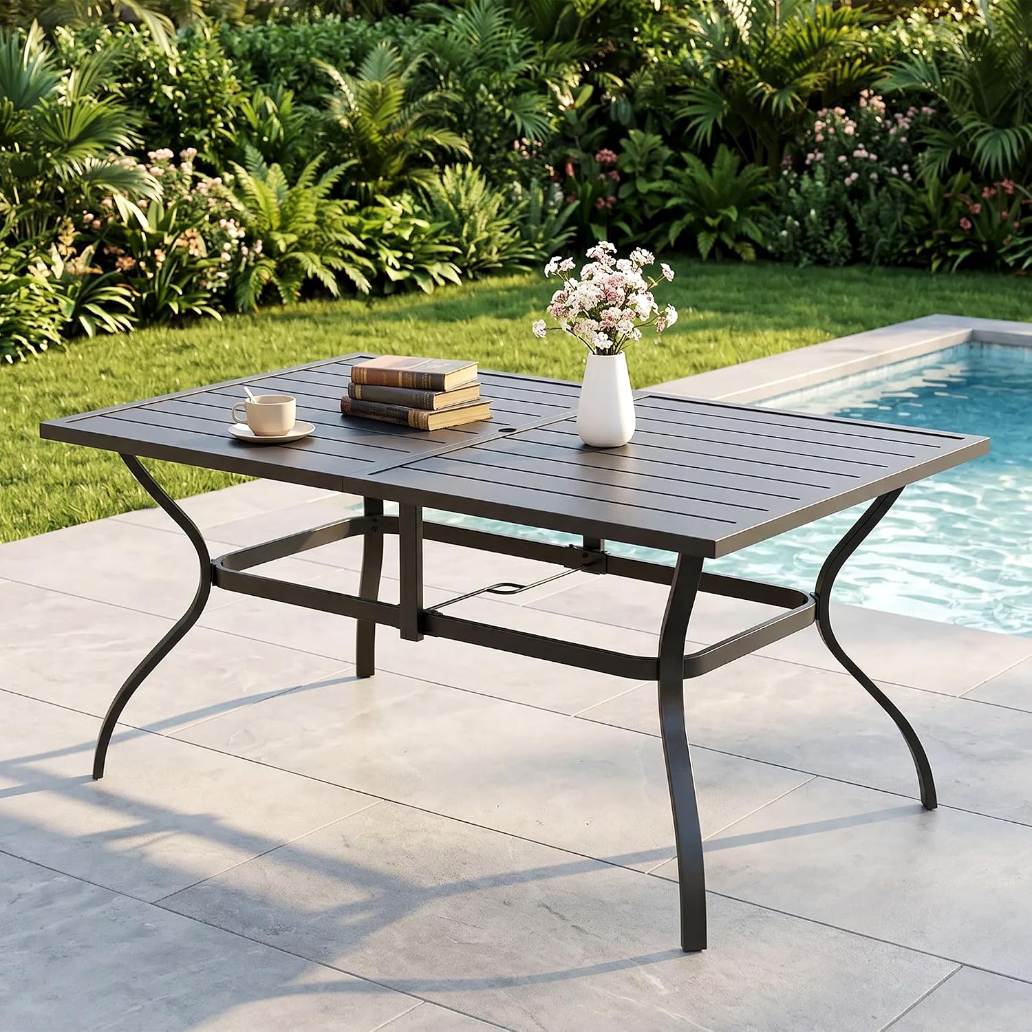 PHI VILLA Outdoor Dining Table for 6, 60' Long Rectangular Metal Wrought Iron Table with Umbrella Hole, All-Weather Large Furniture for Patio, Backyard, Porch