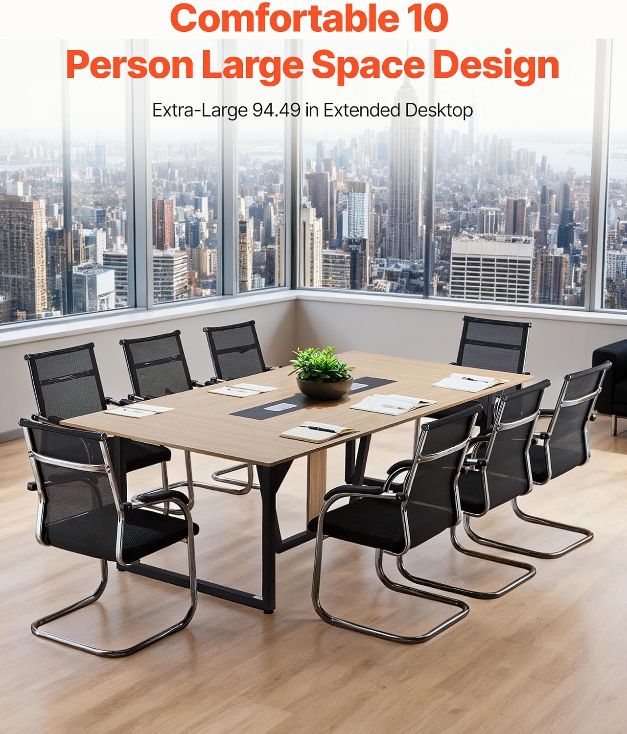 VEVOR Conference Table, 8 ft Office Meeting Table for 10 Person, Modern Rectangle Seminar Desk with Metal Legs, Large Meeting Desk Ideal for Office, Boardroom, Conference Room, Easy Assembly, Brown