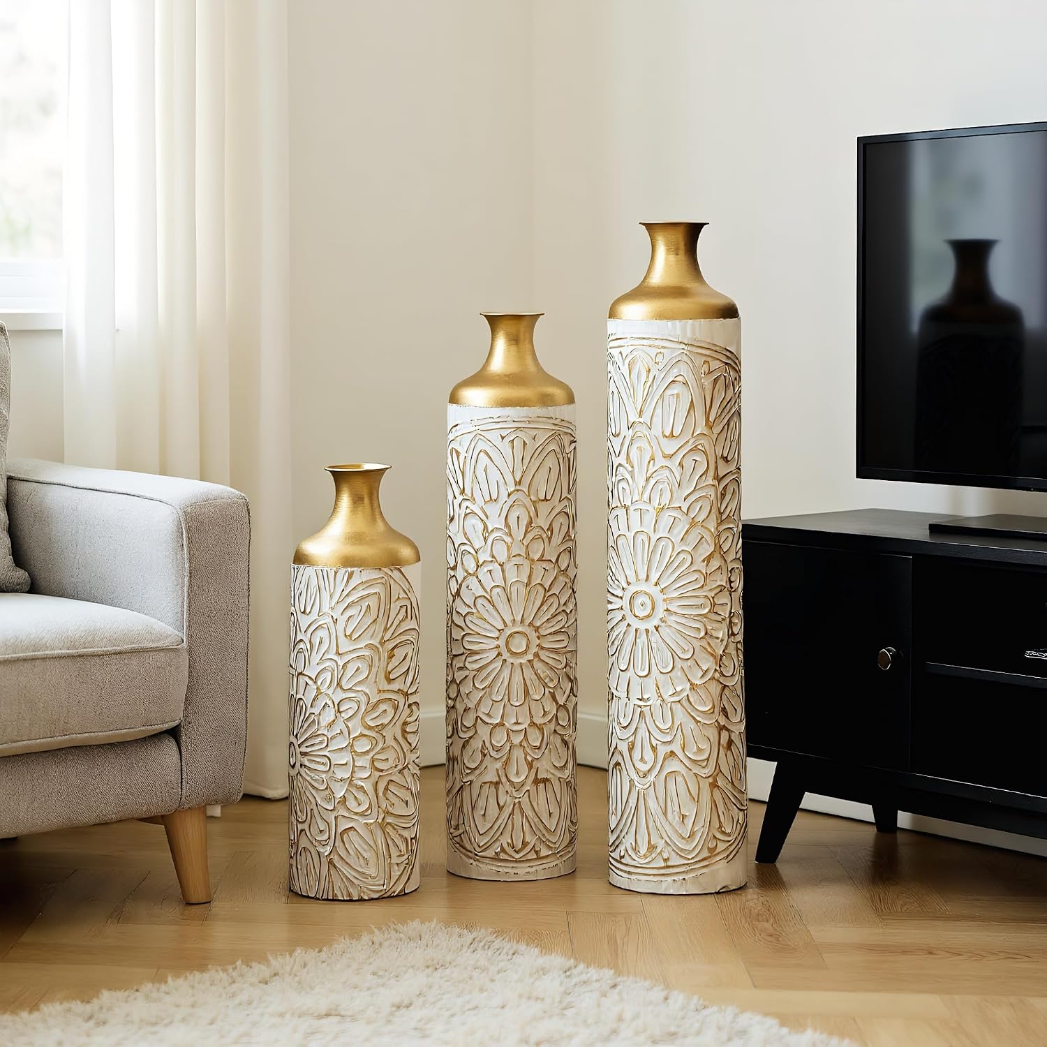 Modern White Metal Floor Vases Set of 3 – Tall Droplet-Shaped Decorative Vases for Home, Large Glazed Metal Vases for Living Room, Entryway, Wedding, Event or Floral Arrangement Décor