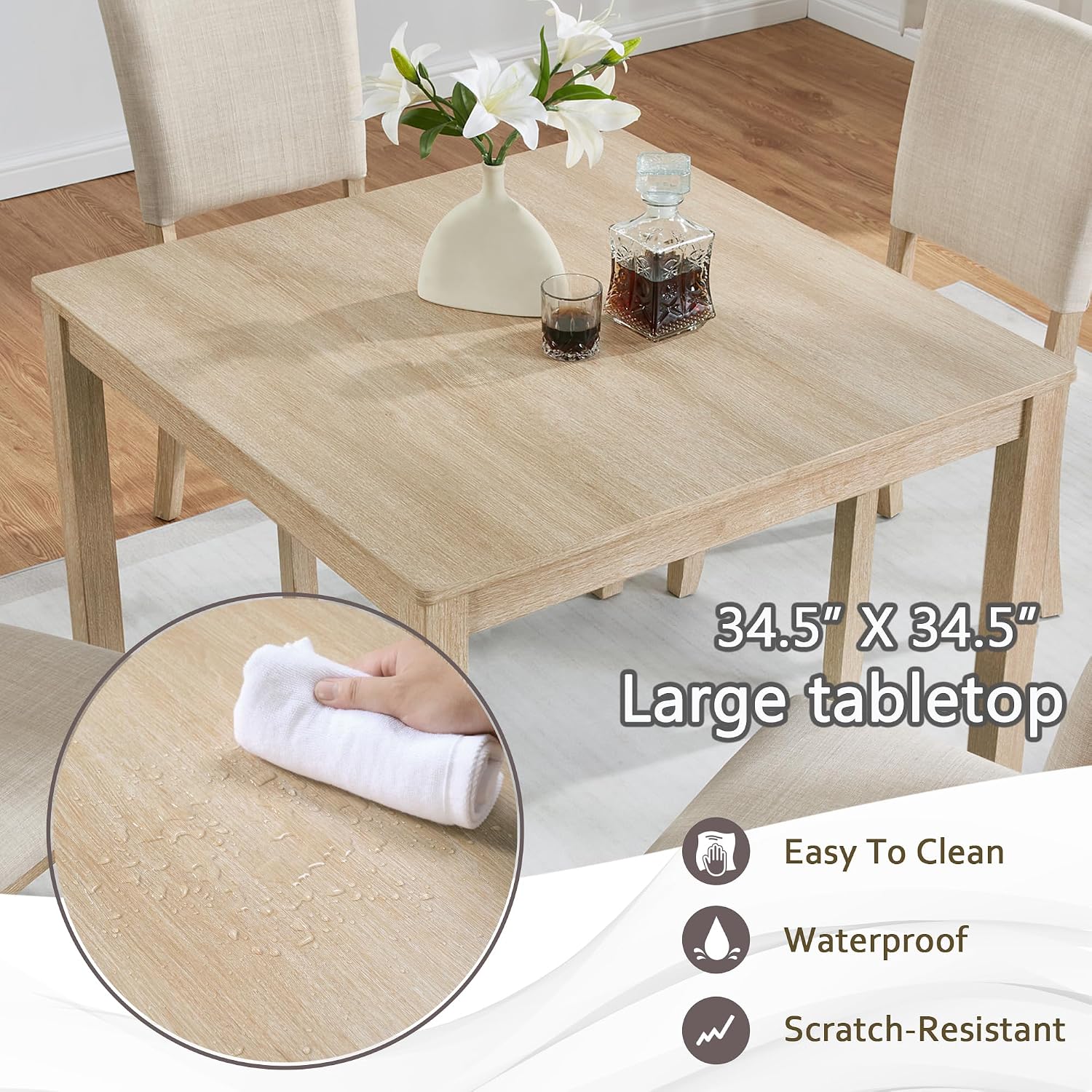 LUMISOL 5-Piece Dining Table Set, Farmhouse Wood Kitchen Table Set with 4 Upholstered Chairs for Kitchen, Dining Room, Living Room, Light Oak+Beige