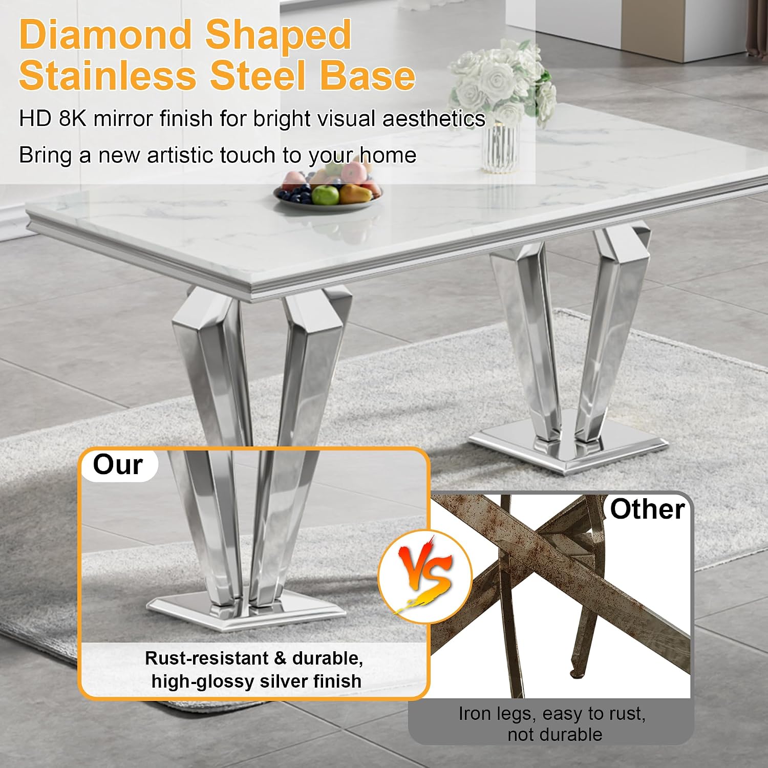 68' White Marble Dining Table for 6-8, Mid Century Modern Dining Table with Faux Marble Top & Mirrored Dimaond Shape Stainless Steel Base, Large Luxury Rectangular Dinner Table for Kitchen Dining Room