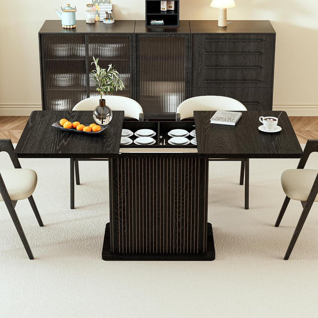 Extendable Black Kitchen Dining Table for 4-6, 47-65 Inch Rectangle Dining Room Table with 2 Doors, Large Storage, Wood Fluted Mid Century Modern Furniture for Dinner, Living Room, Space Saving