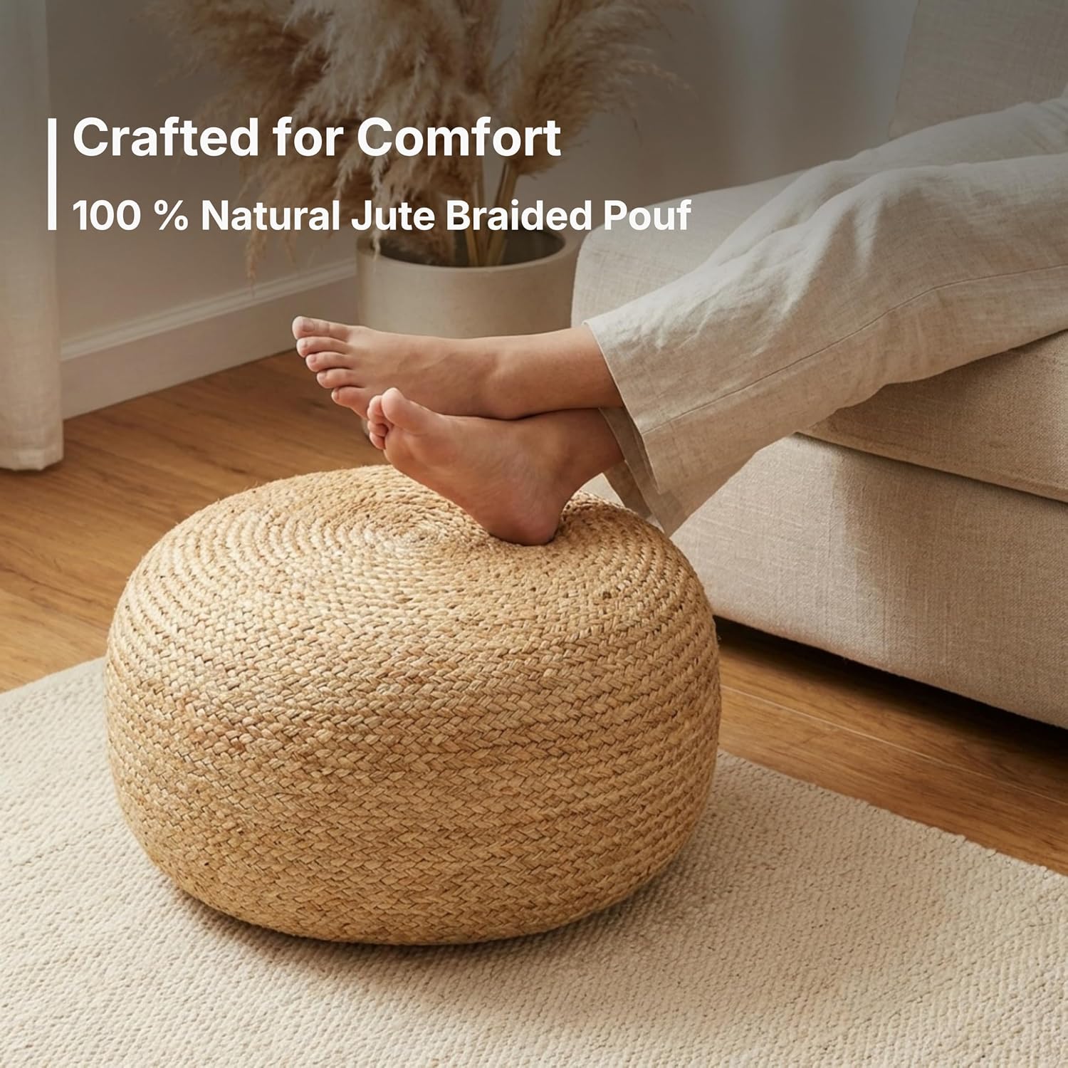 · REDEARTH · Jute Circular Low Pouf Ottoman - Braided Pouffe Accent Sitting Round Footrest for Living Room, Bedroom, Nursery, kidsroom, Patio, Gym; 100% Jute Set of 2 (18'X18'X10'; Natural)