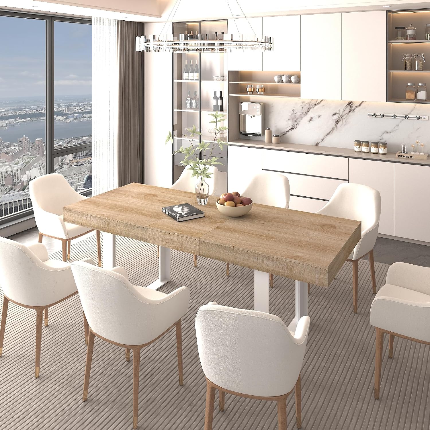 78.74'' Extendable Rectangular Dining Table for 4-8, Modern Mid-Century Farmhouse Wood Expandable Kitchen Dinner Conference Table for Living Room Office, White & Oak