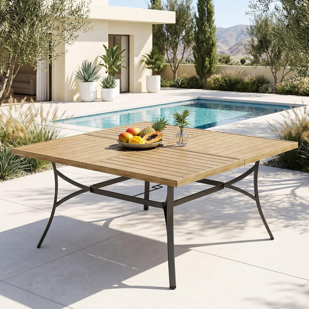 PHI VILLA 57.5' Outdoor Patio Table for 8 Person, Large Square Metal Steel Dining Table with Umbrella Hole, Weather-Resistant Wood-Like Table for Deck Backyards Porch, Brown